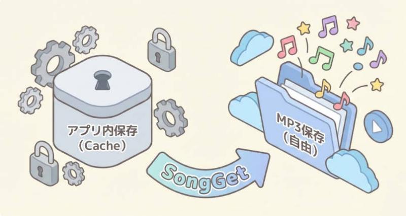Spotifyアプリ内のキャッシュ保存（DRM保護）とSongGetによるMP3保存（自由再生）の違いを解説した図解