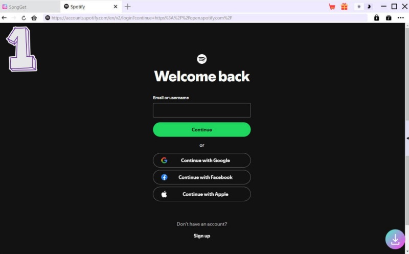 SongGetを起動し、メイン画面のアイコンからSpotify公式サイトへ安全にログインする画面