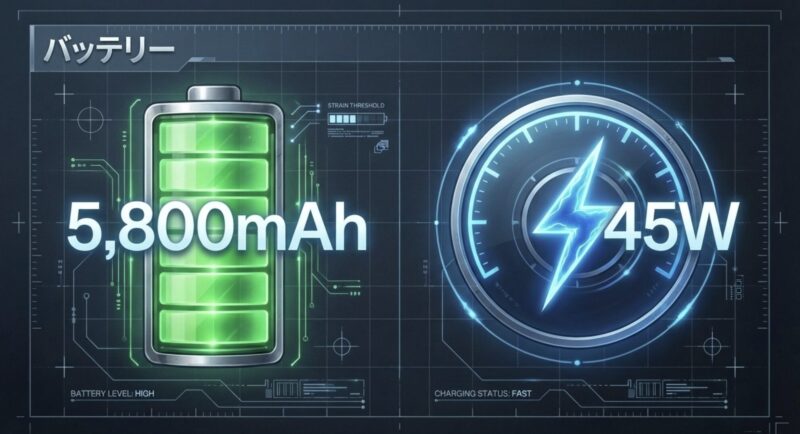 OPPO Reno13 Aのバッテリー仕様。5,800mAhの大容量バッテリーと45W急速充電に対応していることを示す画像。
