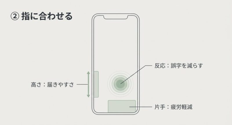 届きやすさを決める高さ、誤字を減らす反応設定、疲労を軽減する片手モード