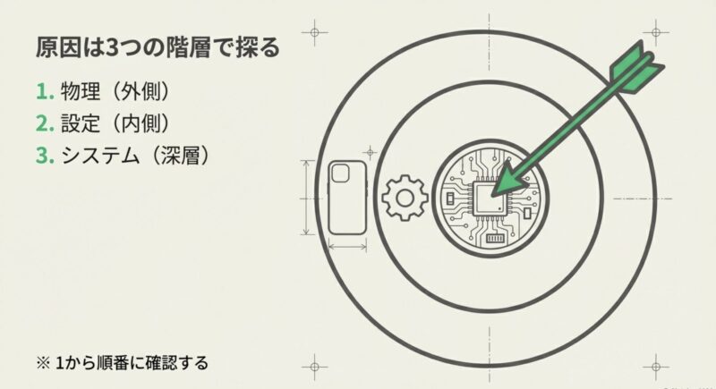 タッチ決済が反応しない原因を物理、設定、システムの3つの階層の順番で探ることを推奨する図