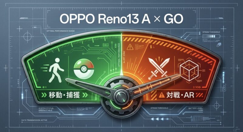 OPPO Reno13 AでポケモンGOをプレイする際のパフォーマンス適正。移動・捕獲は快適、対戦・ARは負荷が高いことを示すゲージ画像 。