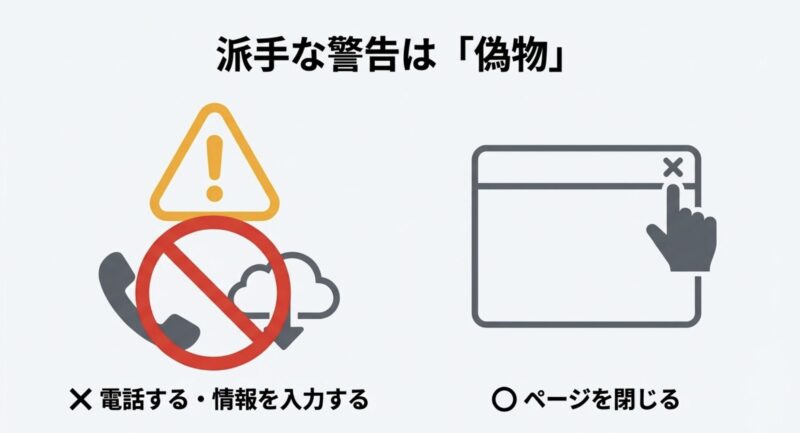 派手な警告画面は偽物であり、電話や情報入力をせずにページを閉じるべきであることを伝える注意喚起スライド