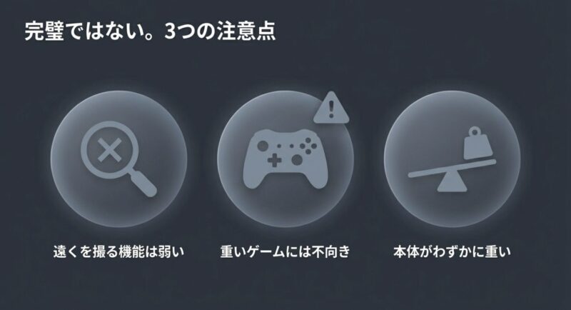 遠くを撮る機能、重いゲームへの不向き、本体の重さに関する3つの注意点を示すアイコン