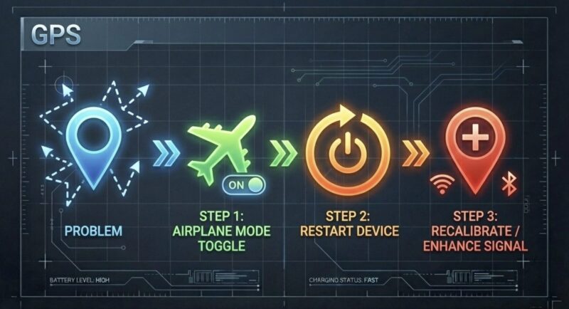 GPS不具合時の対策ステップ。機内モードの切り替え、端末の再起動、信号の再調整を示す画像。