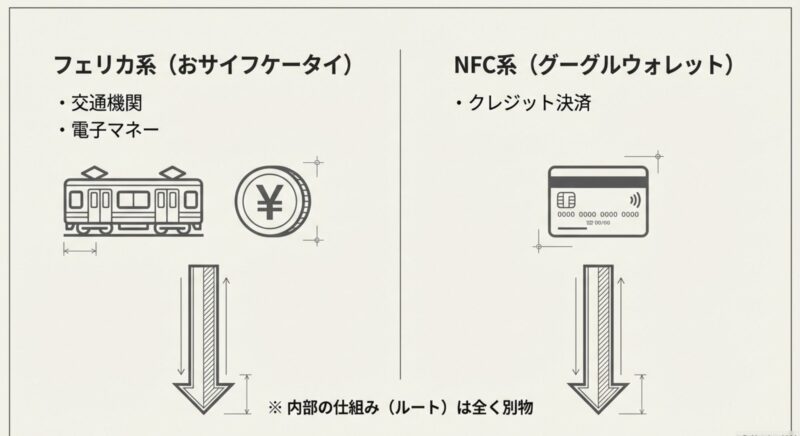 フェリカ系のおサイフケータイとNFC系のGoogleウォレットは、内部の仕組みが全く別物であることを示す図