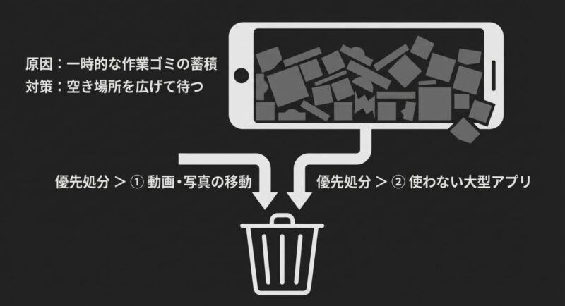 システムデータ肥大化の原因である一時的な作業ゴミの蓄積と、動画・写真や大型アプリを優先処分して空き場所を作る対策イメージ