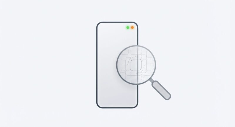 スマホを虫眼鏡で拡大して内部の通信や基盤をチェックしているイメージ画像