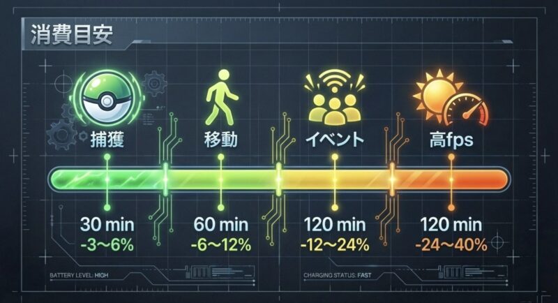 ポケモンGOプレイ時のバッテリー消費目安。30分で-3〜6%、60分で-6〜12%など、プレイ時間と条件ごとの消費量を示す表。