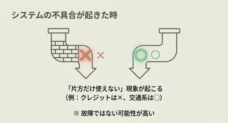 システム不具合時はクレジット決済が不可で交通系電子マネーが使えるなど、片方だけ使えない現象が起こることを示す図