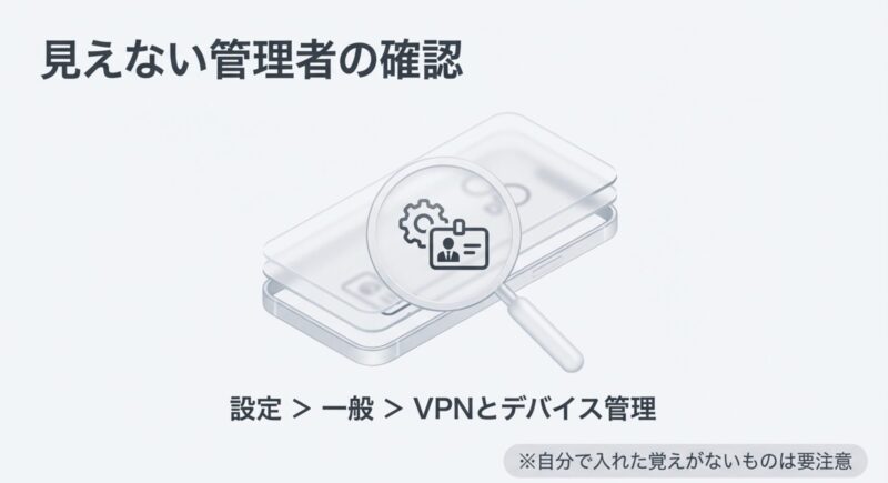 設定の一般からVPNとデバイス管理を開き、見えない管理者がいないか確認する方法の図解
