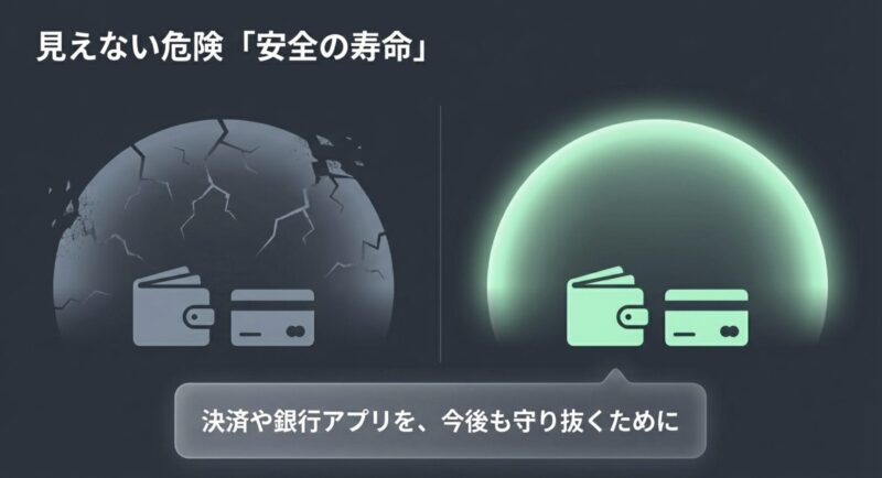 決済や銀行アプリを守り抜くためのセキュリティを表現した財布とクレジットカードのアイコン