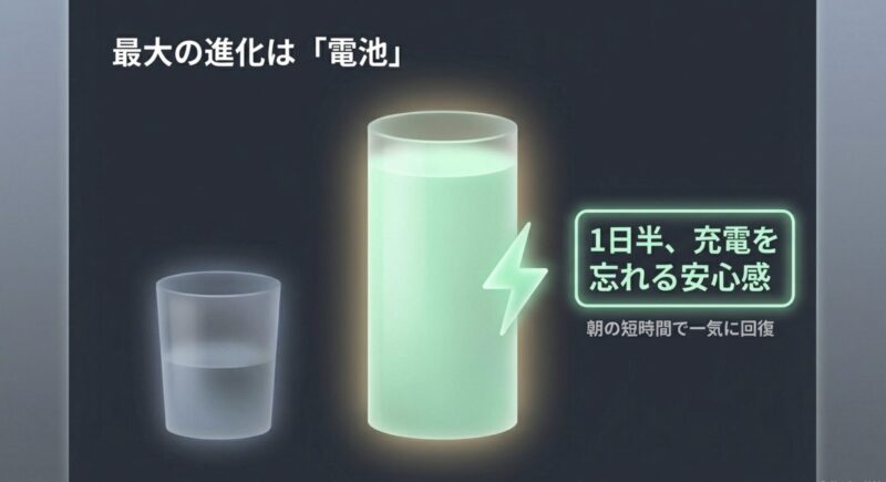1日半充電を忘れる安心感と朝の短時間充電をアピールするイメージ