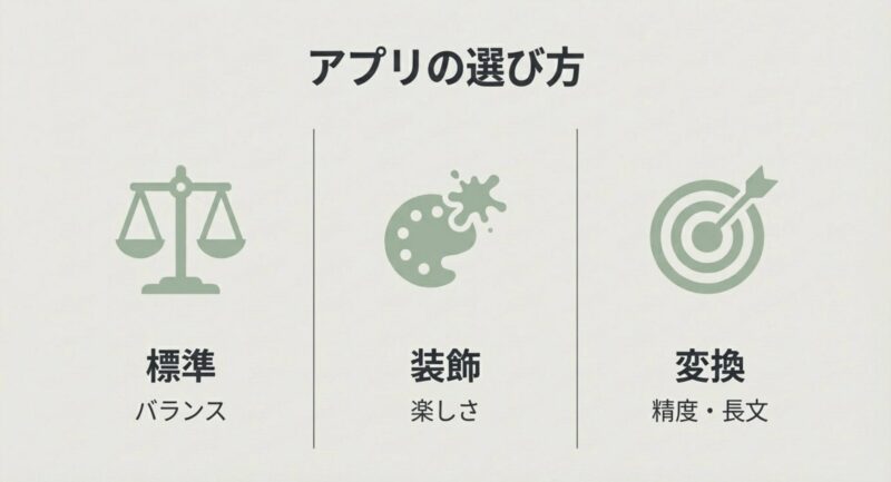 標準のバランス、装飾の楽しさ、変換精度の高さから自分に合ったアプリを選ぶ