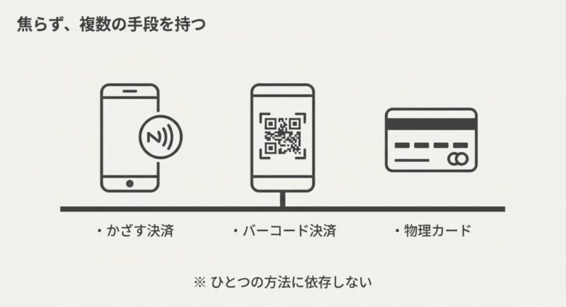 かざす決済、バーコード決済、物理カードなど、ひとつの方法に依存せず複数の決済手段を持つことを推奨する図