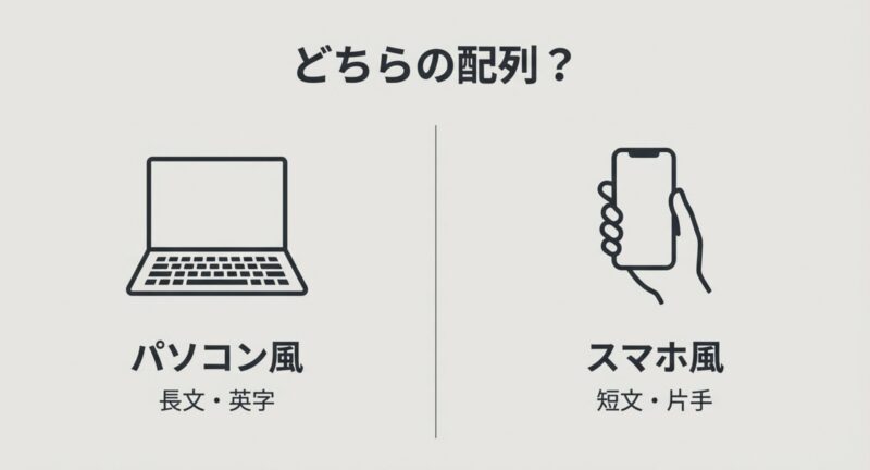長文や英字に向くパソコン風配列と、短文や片手操作に向くスマホ風配列の比較