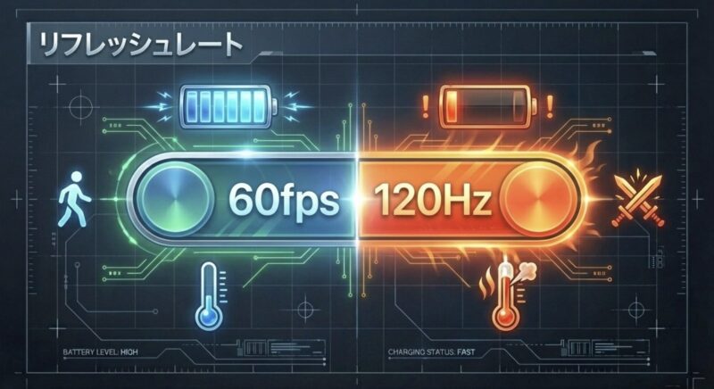 リフレッシュレートの比較。60fpsと120Hzの使い分けによる、バッテリー消費や発熱の違いをイメージした画像。