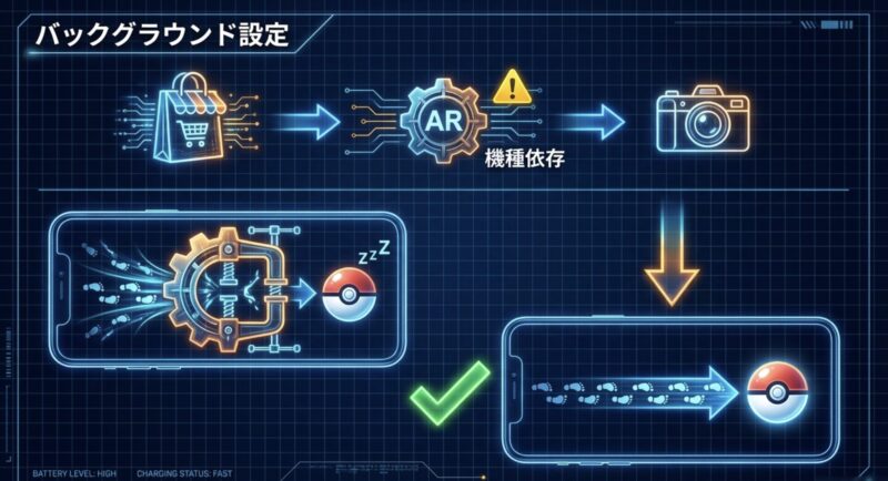 AR機能は機種依存であることの注意喚起と、バックグラウンドでの歩数カウント設定をイメージした画像。