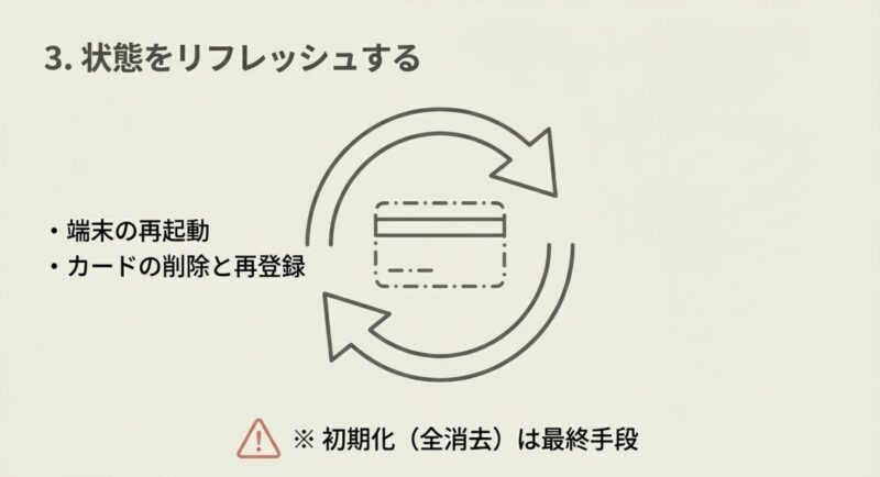 端末の再起動やカードの削除と再登録で状態をリフレッシュする方法。初期化は最終手段であるとの注意書き