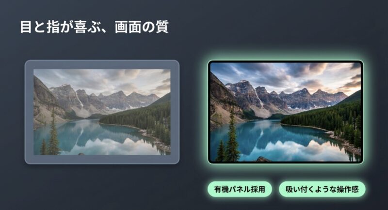 有機パネル採用による鮮やかな風景写真と吸い付くような操作感のイメージ