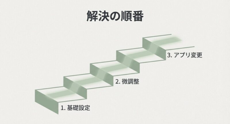 入力トラブルを解決する順番（1.基礎設定、2.微調整、3.アプリ変更）