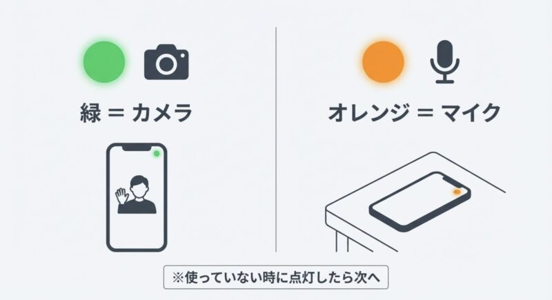 iPhone画面の緑の点はカメラ、オレンジの点はマイクを意味し、使っていない時に点灯したら確認が必要であることを示す図解