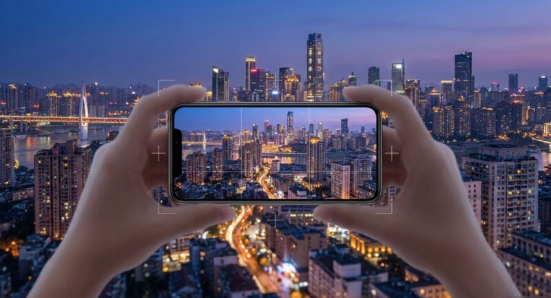 OPPO Reno13 Aのカメラで美しい都市の夜景を撮影しているイメージ画像