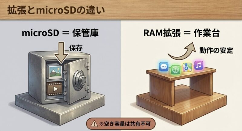 microSDをデータを保存する保管庫、RAM拡張を動作を安定させる作業台として比較した図解