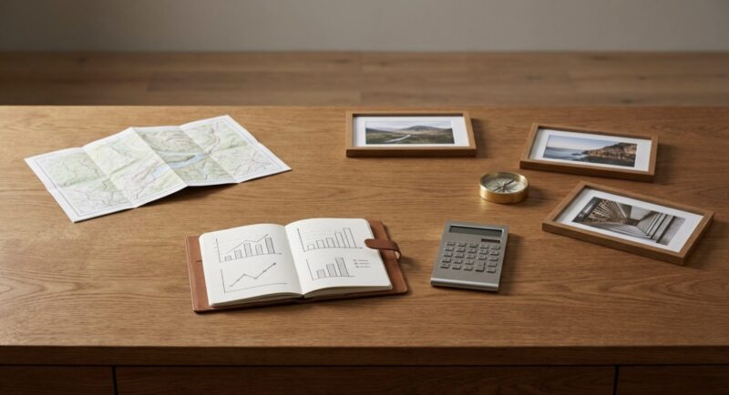 机の上に地図やノート、電卓などが置かれた作業スペースのイメージ画像