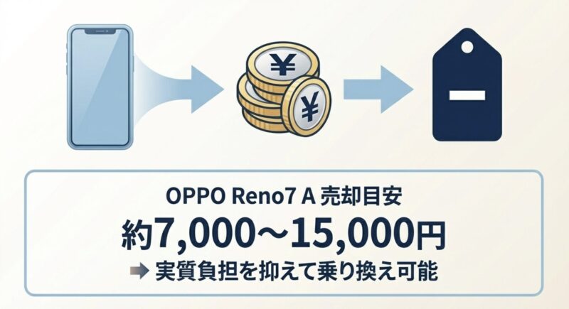 OPPO Reno7 Aの売却目安である約7,000〜15,000円を利用し、実質負担を抑えて乗り換え可能であることを説明する図