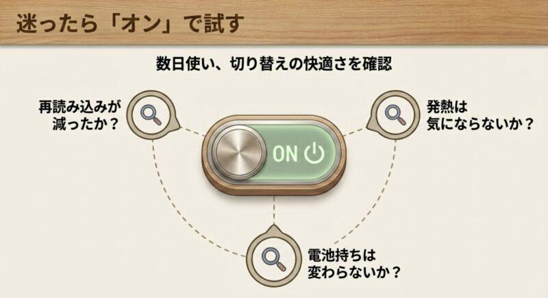 迷ったらオンで試し、再読み込みが減ったか、発熱は気にならないか、電池持ちは変わらないかを確認することをおすすめするチェックリスト