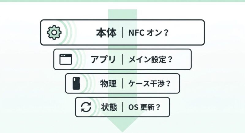 本体NFCオン、アプリメイン設定、物理的なケース干渉、状態やOS更新の4つの確認ポイントが書かれたスライド