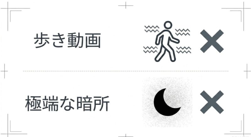 歩き動画と極端な暗所の文字が書かれたスライド