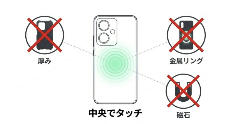 厚み、金属リング、中央でタッチ、磁石など、読み取りエラーの原因になる物理的要因を示したスライド