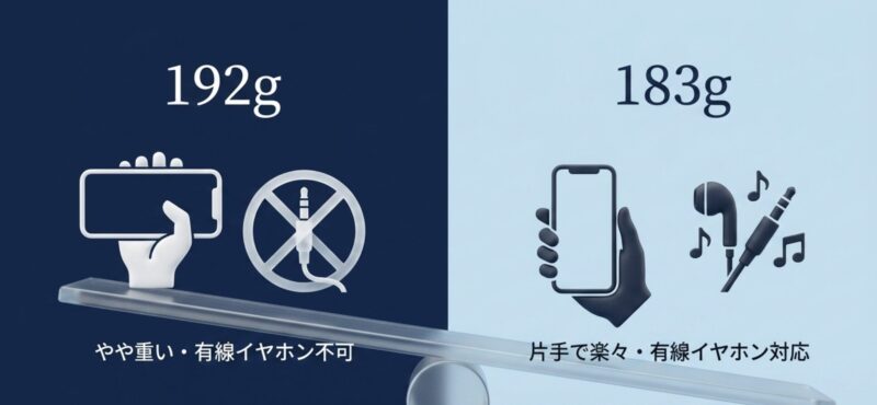 192gで有線イヤホン不可のReno13 Aと、183gで片手で持てて有線イヤホン対応の9Aの比較