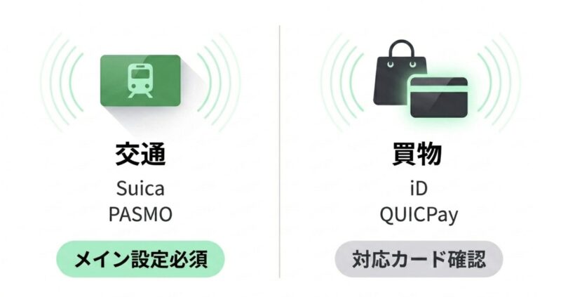 交通系Suica・PASMOはメイン設定必須、買物系iD・QUICPayは対応カード確認と書かれたスライド