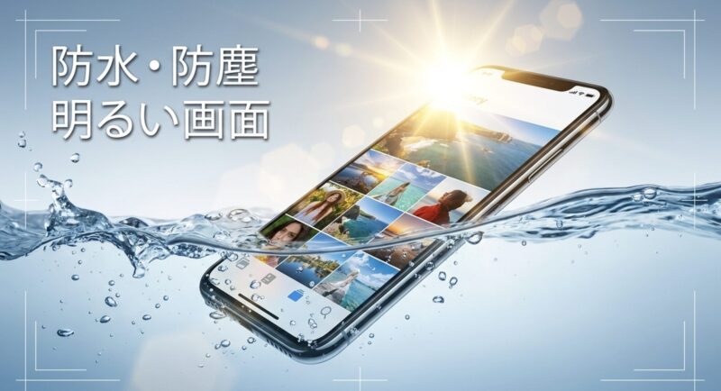 防水・防塵、明るい画面の文字が書かれたスライド