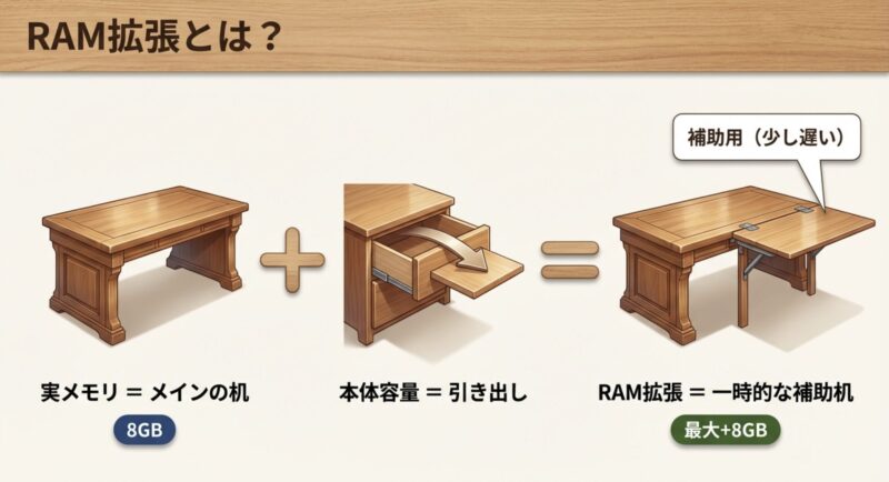 実メモリをメインの机、RAM拡張を一時的な補助用の引き出しとして表した図解