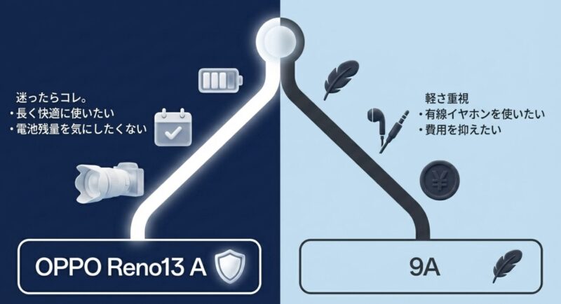 長く快適に使いたい人はOPPO Reno13 A、軽さや有線イヤホン重視の人は9Aという選び方のまとめ