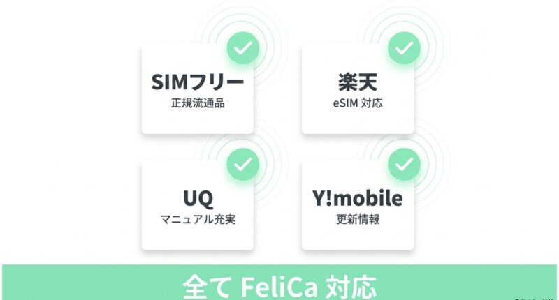 SIMフリー、楽天、UQ、Y!mobileの各特徴と、全てFeliCa対応であることがまとめられたスライド