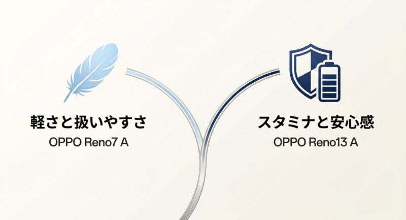 Reno7 Aの軽さと扱いやすさに対し、Reno13 Aのスタミナと安心感を比較したイメージ画像