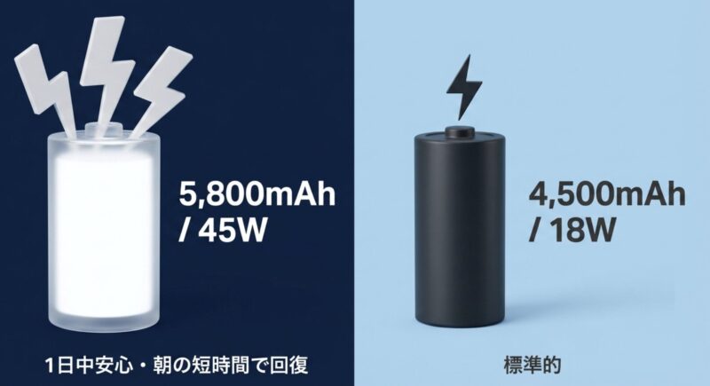 5,800mAhで45W急速充電対応のReno13 Aと、4,500mAhで18W充電の9Aのバッテリー比較