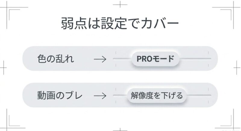 色の乱れはPROモードで、動画のブレは解像度を下げてカバーするというカメラ設定のコツが書かれたスライド