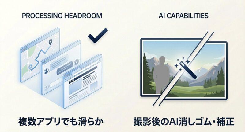 複数アプリでも滑らかに動く処理性能と、撮影後のAI消しゴムや補正機能のイメージ