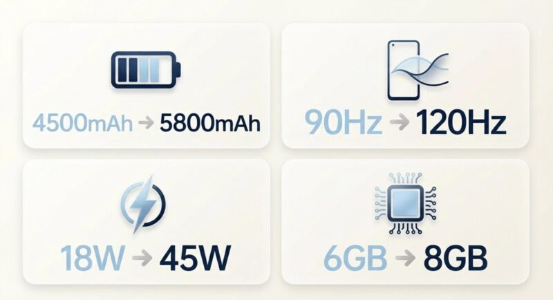 バッテリー（4500mAhから5800mAh）、充電速度（18Wから45W）、リフレッシュレート（90Hzから120Hz）、RAM（6GBから8GB）の進化を示した図