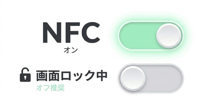 大きくNFCオンと書かれ、画面ロック中はオフ推奨と記載されたスライド