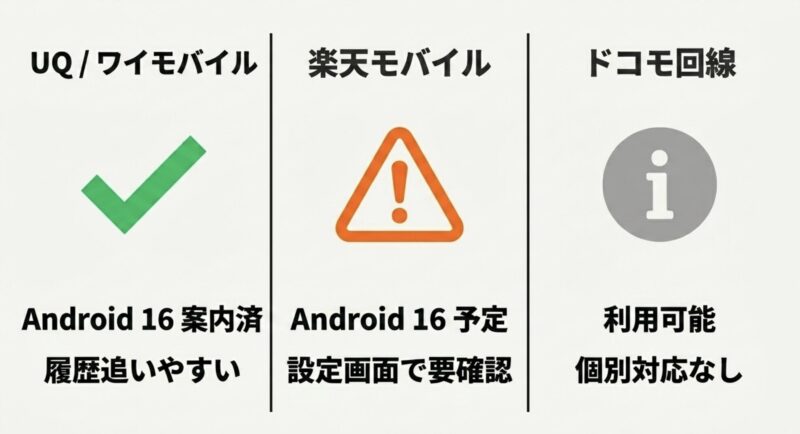 UQモバイル、ワイモバイル、楽天モバイルにおけるAndroid 16の案内・予定状況と、ドコモ回線利用時の個別対応なし等の注意点まとめ