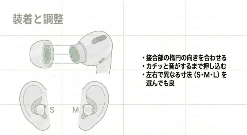 AirPods Pro 3のイヤーピース装着時に接合部の楕円の向きを合わせ、カチッと音がするまで押し込む手順とサイズ調整のイラスト