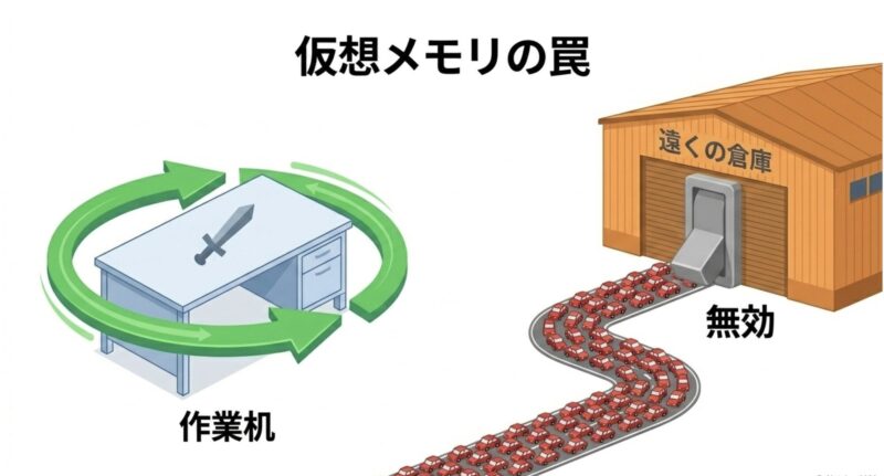 仮想メモリの仕組みを図解(物理RAMを作業机、仮想メモリを遠くの倉庫に見立てた解説)