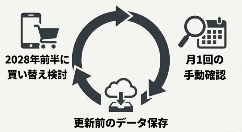 2028年前半に向けたスマホの買い替え検討、月1回のアップデート手動確認、更新前のデータ保存を推奨するアイコン